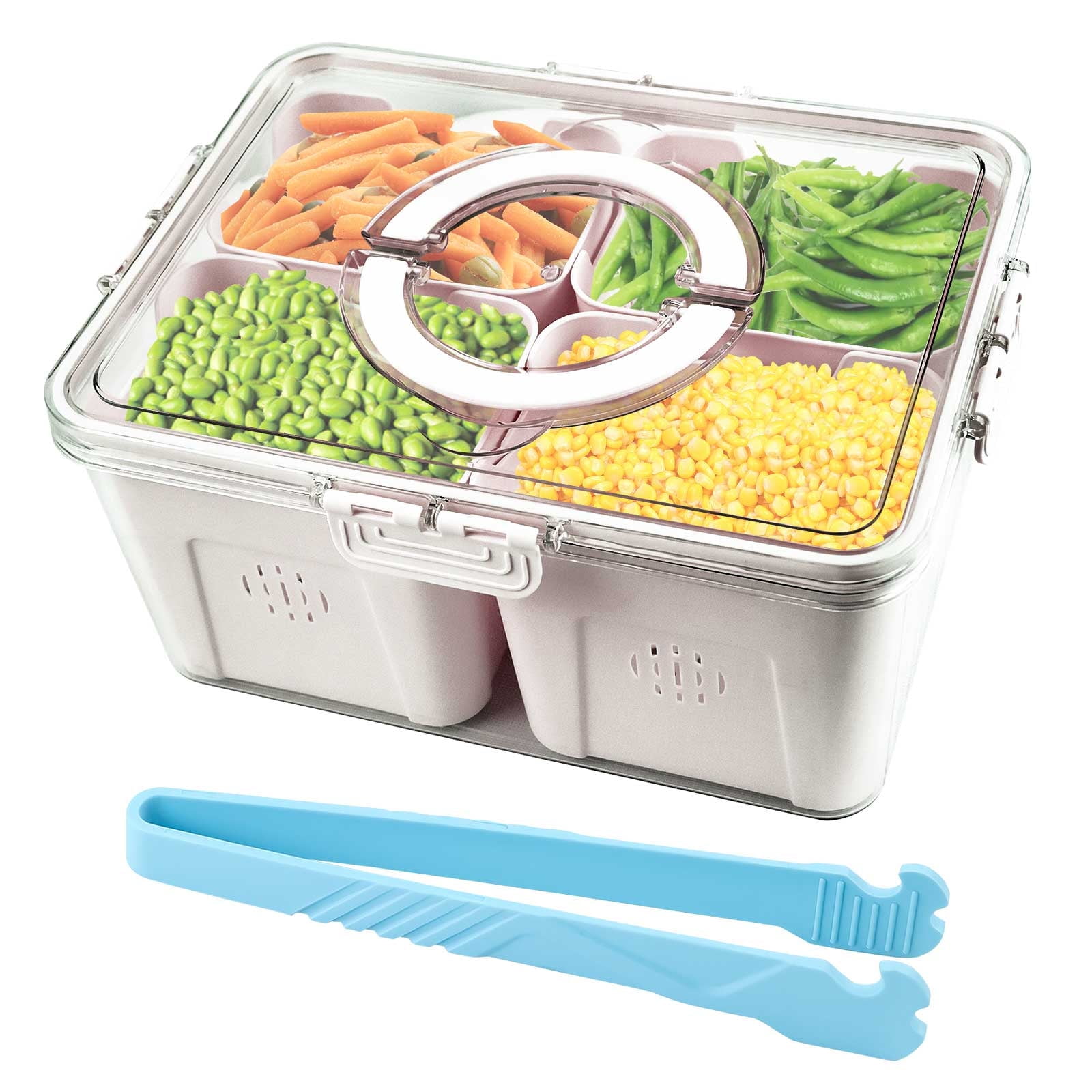 Qianwei Divided Serving Tray with Lid and Handle, Portable Food Storage Container, 4 Compartment Snack Platters for Veggies Candy Fruits Nuts, Reusable Snack Box for Entertaining Party Picnic